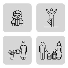 Collection of four line art icons depicting seniors engaged in various activities: reading, exercising, gardening, and traveling. Active lifestyle concept
