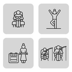 Four illustrations representing various activities of seniors, including reading, exercising, cooking, and crafting, Elder people interests and daily routines concept