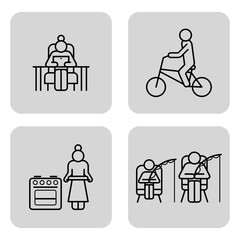 Four line drawings of various activities of seniors. Person working on laptop, another riding bike, third standing by stove, and fourth fishing