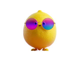 Cute lemon character wearing colorful round sunglasses, Isolated On White, Png Transparent