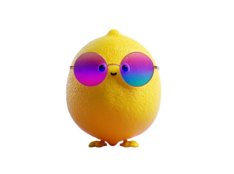 Cute lemon character wearing colorful round sunglasses, Isolated On White, Png Transparent