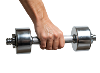 Hand holding black dumbbell isolated on transparent background
