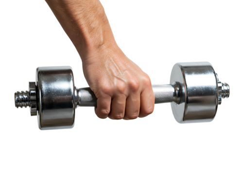 Hand holding black dumbbell isolated on transparent background - Powered by Adobe