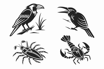 Two ravens and two insects isolated on white background