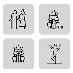 Set of four line art icons representing senior activities such as walking, knitting, reading, and exercising. Leisurely pursuits for older adults concept