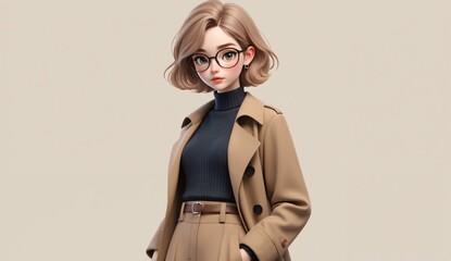 A person wearing a beige trench coat over a black top, paired with matching trousers and glasses.