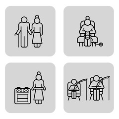 Four line drawings of senior individuals involved in diverse activities, including walking, relaxing in chair, cooking, and participating in hobby