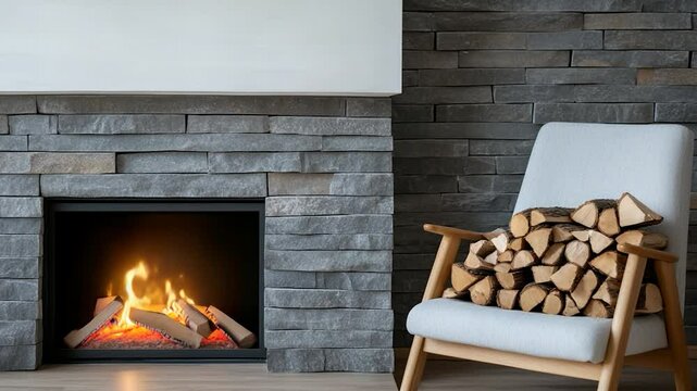 Indoor fireplace with burning logs and chair of firewood