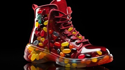 These bold sneakers filled with jelly beans capture attention with their innovative design, merging playful elements with stylish aesthetics for a modern footwear choice.