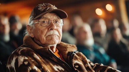 An elderly man wearing glasses and a cap gazes seriously ahead, part of a large audience, symbolizing wisdom, experience, and the importance of listening and learning.