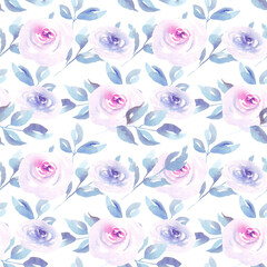 Seamless floral pattern with watercolor roses and leaves