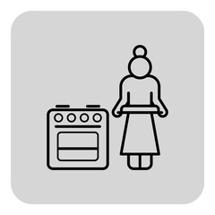 Line drawing of senior woman with bun hairstyle, standing confidently near stove. Woman preparing meal, showcasing timeless kitchen activity