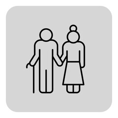 Minimalistic line illustration of senior couple, man using cane, standing closely while holding hands. Companionship and love concept