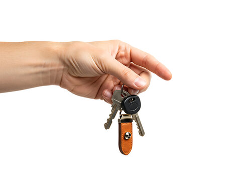 Hand holding house keys keychain isolated on transparent background
