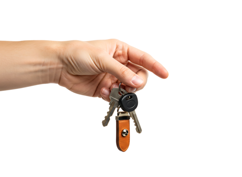 Hand holding house keys keychain isolated on transparent background