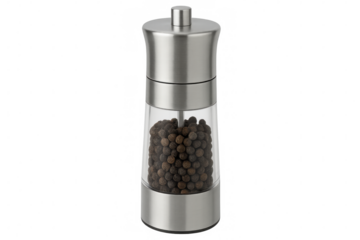 Stainless steel pepper mill filled with black peppercorns, isolated on transparent background, ready to add flavor to any dish