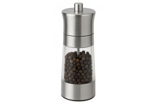 Stainless steel pepper mill filled with black peppercorns, isolated on transparent background, ready to add flavor to any dish