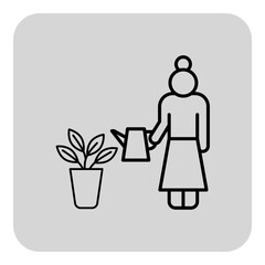 Senior woman gently watering potted plant using watering can, engaging in gardening activity indoors. Woman enjoying nurturing her green space, bringing life to her environment