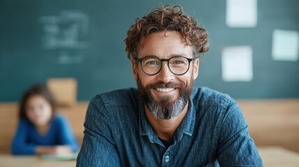 A cheerful male teacher with curly hair and glasses sits at his desk, ready to engage with students in a warm and inviting classroom atmosphere filled with learning.