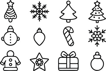 Simple black and white christmas day icon set