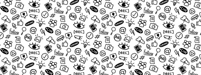 social media content creator doodle seamless pattern hand drawing background