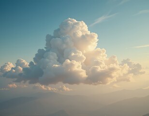 Una nube blanca solitaria se desplaza a través de un cielo vasto y sereno; su textura suave e hinchada está iluminada por la cálida luz del sol