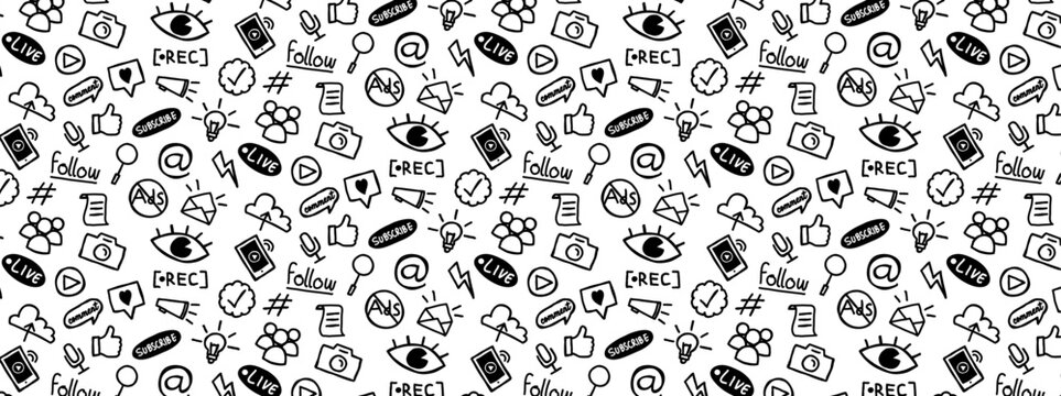 social media content creator doodle seamless pattern hand drawing background