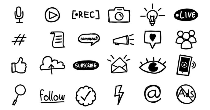 social media content creator doodle hand drawing icon bundle
