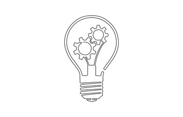 Continuous one single line drawing innovation Light bulb and gears inside icon vector illustration concept, One single line drawing of lightbulb with metal gear wheel inside for machine company logo.