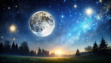 Dark night scene with full moon and twinkling stars in the sky