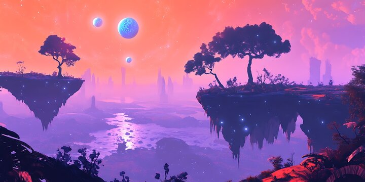 Ethereal Floating Islands Fantasy Landscape Art Purple Sky Surreal Scene Digital Painting