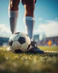 A soccer ball and a player’s feet on the stadium field. Captures focus, anticipation, and the intensity of the game in a dynamic sports environment.