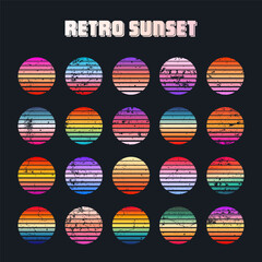 Grunge vintage colorful sunset. Striped gradient sunrise badges in 80s and 90s style. Sun and ocean view, summer vibes, surfing. Design element for print, logo or t-shirt. Vector illustration