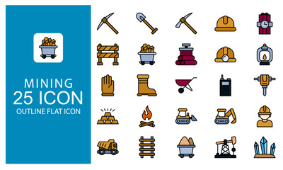 Mining Outline Flat icon set. Icon Vector mining, coal, industry symbol in Outline flat design style.