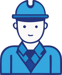 Illustration of a male construction worker wearing a blue hard hat and jacket