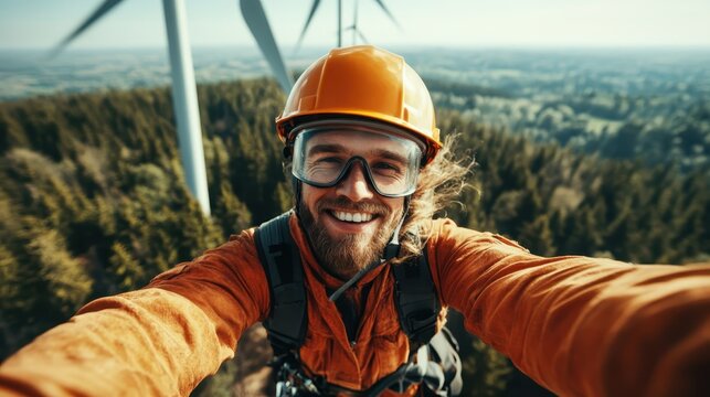 A smiling technician taking a selfie atop a wind turbine captures the thrill of renewable energy work, promoting excitement about green technology and environmental care.