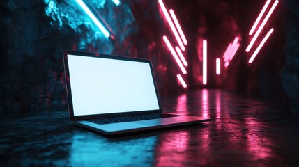 A sleek laptop resting on a reflective surface, illuminated by striking neon lights, creating a futuristic ambiance perfect for tech enthusiasts and digital creatives.