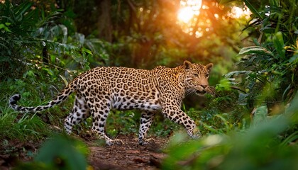wild leopard gracefully walks through a lush green forest during sunset hours