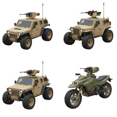 Fototapeta premium Tan armored car and green motorcycle in tactical set