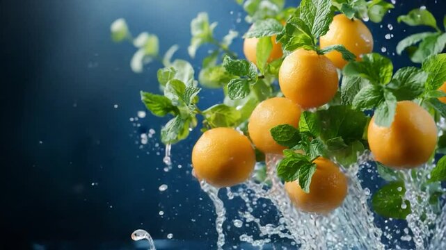 Fresh oranges and mint leaves falling in water