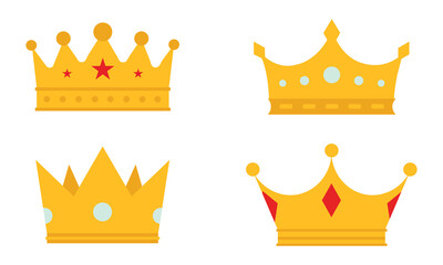 Flat vector illustration of four golden crowns with various shapes and jewel designs, ideal for royalty, king and queen concepts, luxury icons, leadership symbols, or medieval-themed graphics.