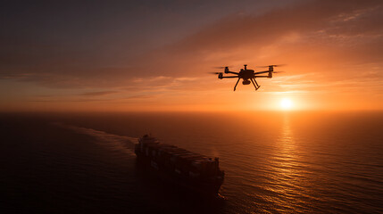Wind farms replacing oil tankers in a busy strait with solar-powered patrol drones monitoring sustainable green energy corridor, clean technology and renewable resources concept.