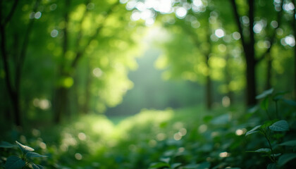 Fototapeta premium Forest Light: Shifting Bokeh in Blurred Greenery, Serene & Mysterious Nature Vibe