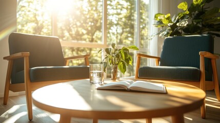 Fototapeta premium A serene and inviting living room basking in morning sunlight, featuring cozy chairs and a calm atmosphere, perfect for relaxation and peaceful moments of tranquility.