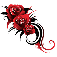 Vibrant red roses are depicted with bold black swirls and accents, creating a striking contrast against a white background. The design combines elegance with artistic flair.