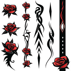Vibrant red roses are depicted with bold black swirls and accents, creating a striking contrast against a white background. The design combines elegance with artistic flair.