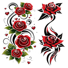 Vibrant red roses are depicted with bold black swirls and accents, creating a striking contrast against a white background. The design combines elegance with artistic flair.