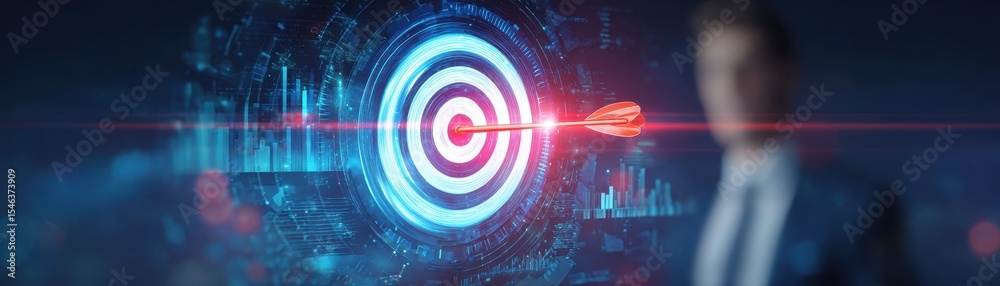 Poster abstract image of a target with a dart hitting the center, symbolizing precision and focus in a digi