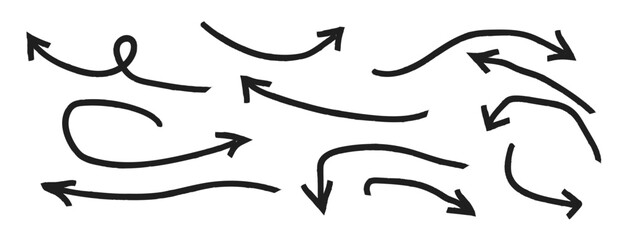 Arrows hand drawn doodle icons set. pencil arrow doodles set - hand drawn swirls, curved lines, chaotic pointers. Curved cartoon arrows sketches collection. Sign, Symbol, Hand drawn arrow collection
