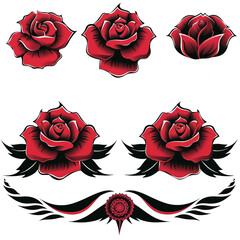 Vibrant red roses are depicted with bold black swirls and accents, creating a striking contrast against a white background. The design combines elegance with artistic flair.